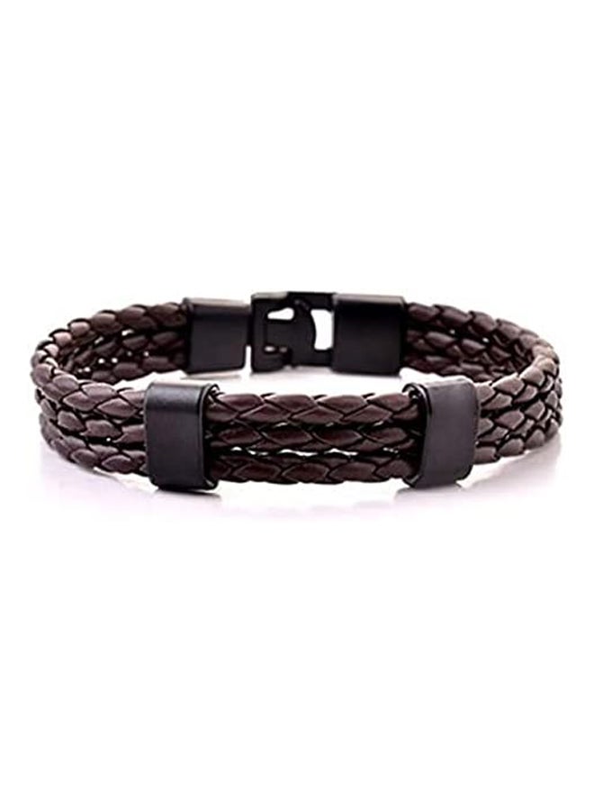 3-layer braided leather bracelet and metal lock - dark brown - Image 1
