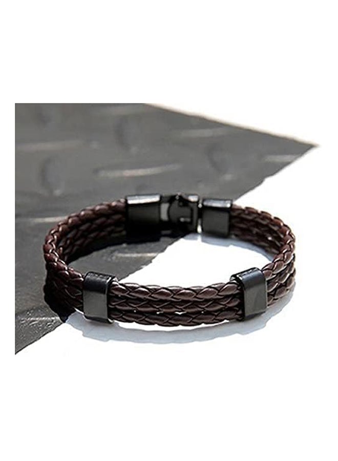3-layer braided leather bracelet and metal lock - dark brown - Image 3