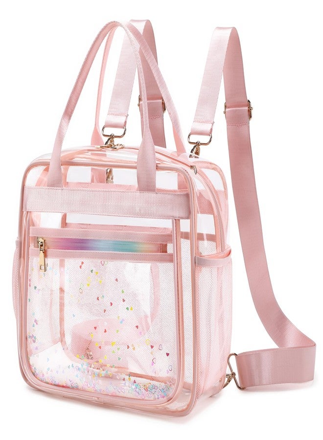 KIDNUO Clear Beach Bag Travel Tote Transparent Backpack for Women Girls Stadium Approved Crossbody Messenger Shoulder Handbag, Pink, L - Image 1