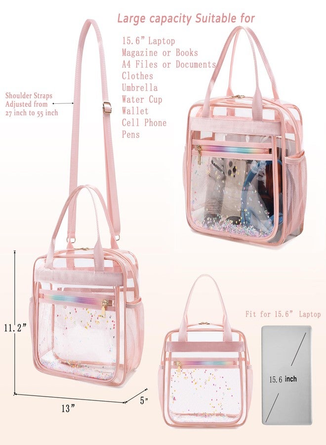 KIDNUO Clear Beach Bag Travel Tote Transparent Backpack for Women Girls Stadium Approved Crossbody Messenger Shoulder Handbag, Pink, L - Image 4