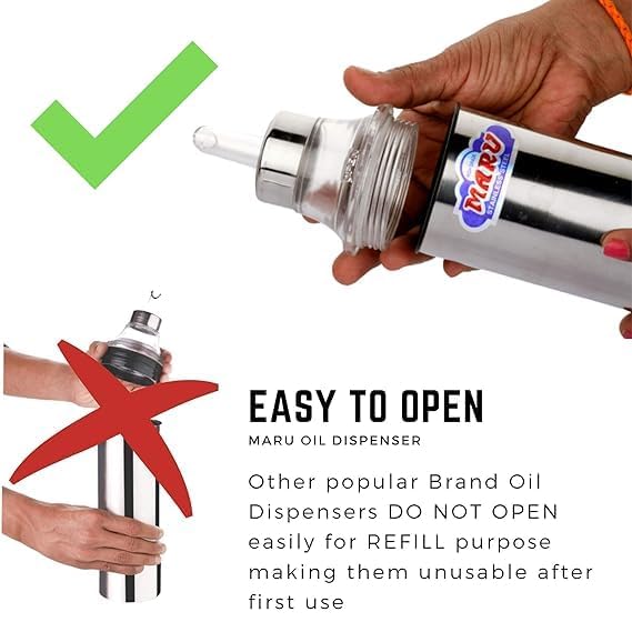MARU Steel Slim 1 Liter Oil Dispenser for Kitchen without Handle Set of 2, Pour Spout & Leak-Proof Cooking Oil Bottle/Can1000ml Each, Durable & Easy-Pour Design For Daily Liquid Dispensing - Image 5