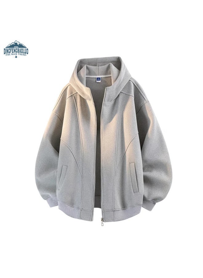 Dingfengbaoluo Men's Autumn Casual Loose Fit Hooded Cardigan Sweatshirt American Style Patchwork Top Ex02 Light Gray XL