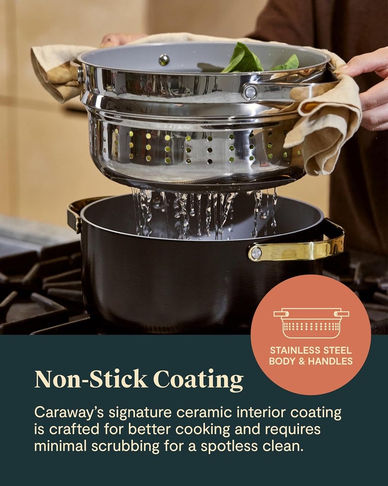 Caraway Nonstick Ceramic Dutch Oven Pot with Lid  Steamer 65 qt 105  Non Toxic PTFE  PFOA Free  Oven Safe  Compatible with All Stovetops Gas Electric  Induction  Cream - Image 4