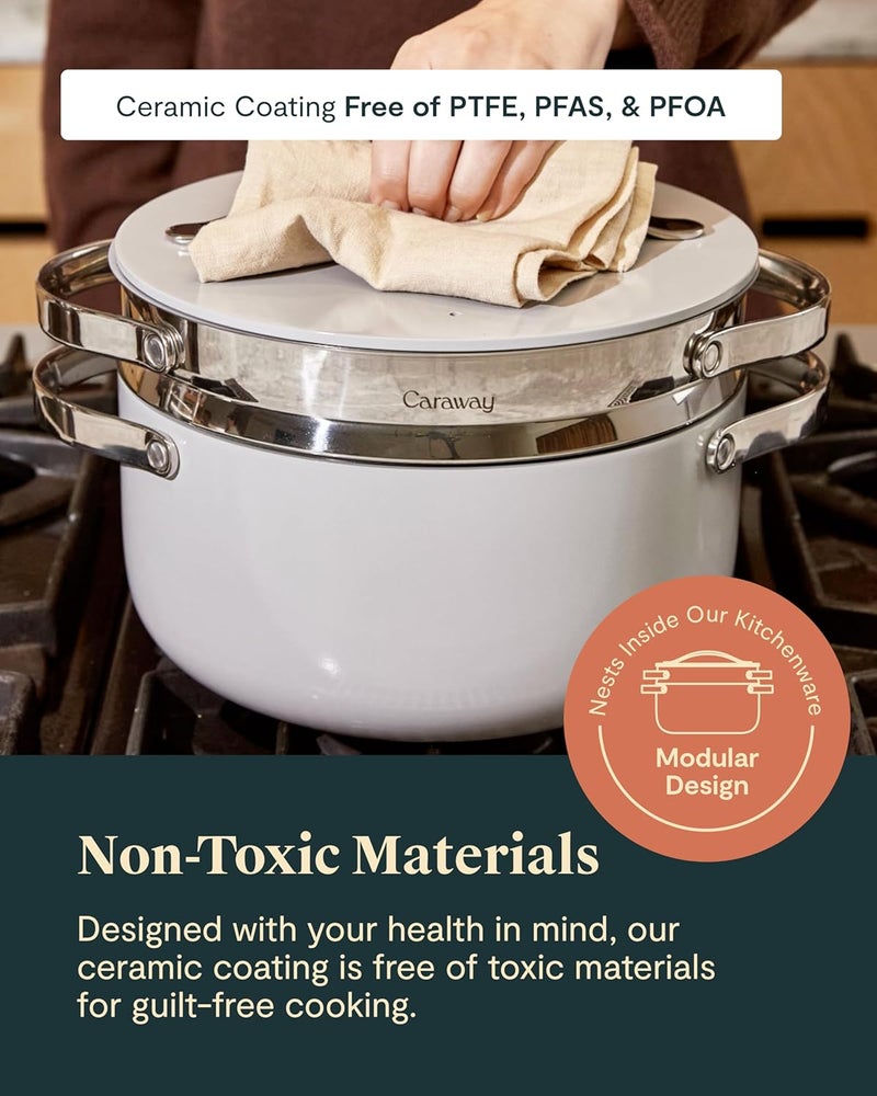 Caraway Nonstick Ceramic Dutch Oven Pot with Lid  Steamer 65 qt 105  Non Toxic PTFE  PFOA Free  Oven Safe  Compatible with All Stovetops Gas Electric  Induction  Cream - Image 5