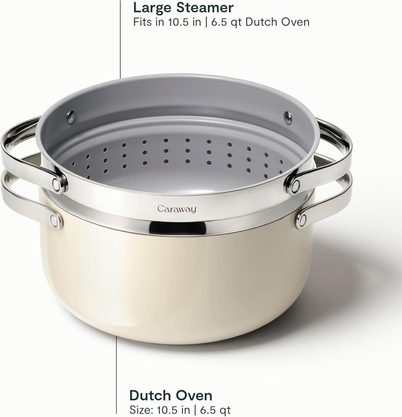 Caraway Nonstick Ceramic Dutch Oven Pot with Lid  Steamer 65 qt 105  Non Toxic PTFE  PFOA Free  Oven Safe  Compatible with All Stovetops Gas Electric  Induction  Cream - Image 3