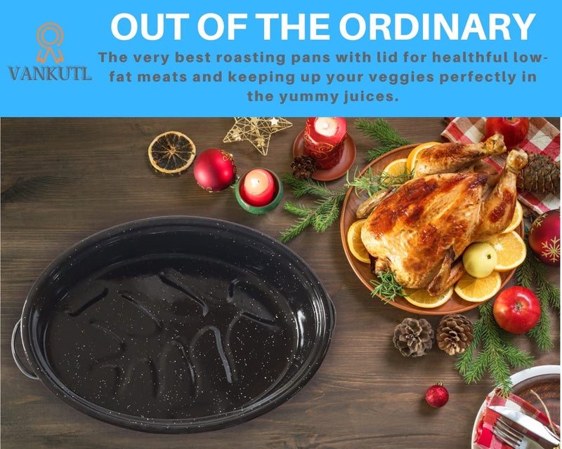 VANKUTL 16 Inch Roasting Pan With Lid - Covered Oval Roaster - Enamel Carbon Steel Roaster Pot - Excellent Heat Distribution And Non-Sticky - For Turkey Chicken Meat & Vegetables -Birthday And Holiday Gifts - Image 5