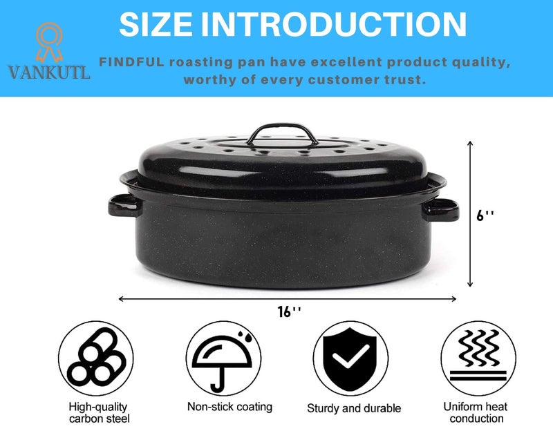 VANKUTL 16 Inch Roasting Pan With Lid - Covered Oval Roaster - Enamel Carbon Steel Roaster Pot - Excellent Heat Distribution And Non-Sticky - For Turkey Chicken Meat & Vegetables -Birthday And Holiday Gifts - Image 2