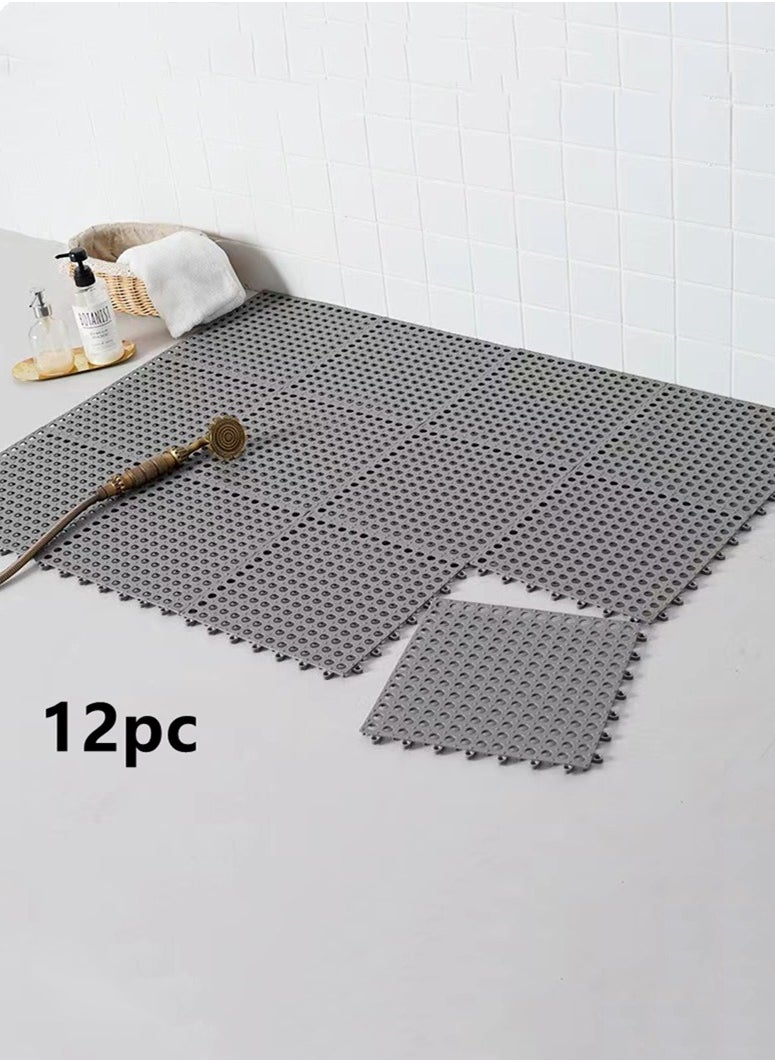 Kutis 12-Pieces Bathroom Hollow Anti-Slip Mats Kitchen Shower Toilet Water Resistant Mat TPE Grey 30x30 Centimeter  - Image 1