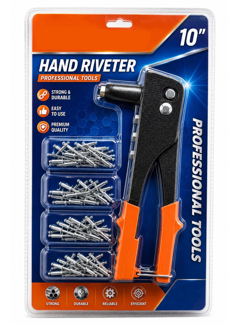 10 Inch Hand Riveter Tool Kit with 40 Metal Rivets – Heavy Duty Manual Rivet Gun Set with 4 Interchangeable Nozzles for Metal, Plastic, Leather & Wood Repair - Image 1