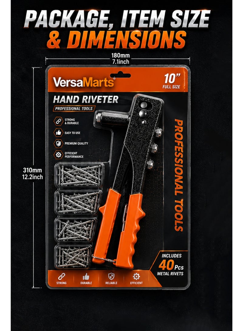 10 Inch Hand Riveter Tool Kit with 40 Metal Rivets – Heavy Duty Manual Rivet Gun Set with 4 Interchangeable Nozzles for Metal, Plastic, Leather & Wood Repair - Image 4