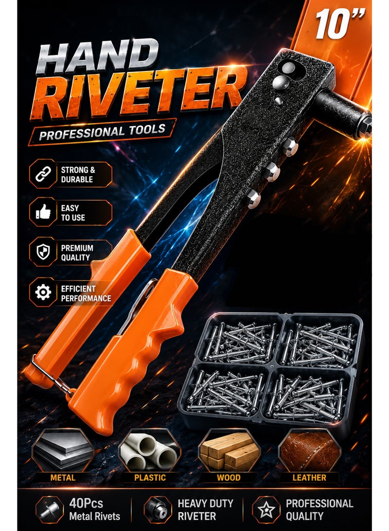 10 Inch Hand Riveter Tool Kit with 40 Metal Rivets – Heavy Duty Manual Rivet Gun Set with 4 Interchangeable Nozzles for Metal, Plastic, Leather & Wood Repair - Image 2