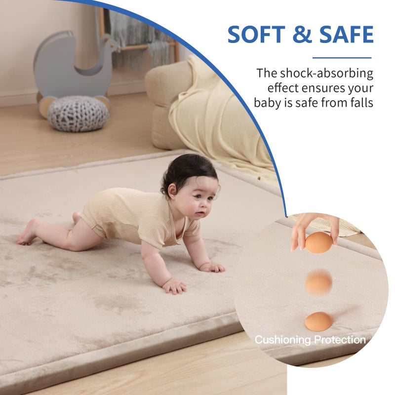 Huloo Sleep Baby Play Mat for Floor, 1.3" Thick Elasti-Foam 50x50 Playpen Mat for Toddlers Infant kids,Water-Repellent Soft Coral Velvet for Tummy Time, Non-Slip Backing for Crawling,Tatami Style(Beige) - Image 3