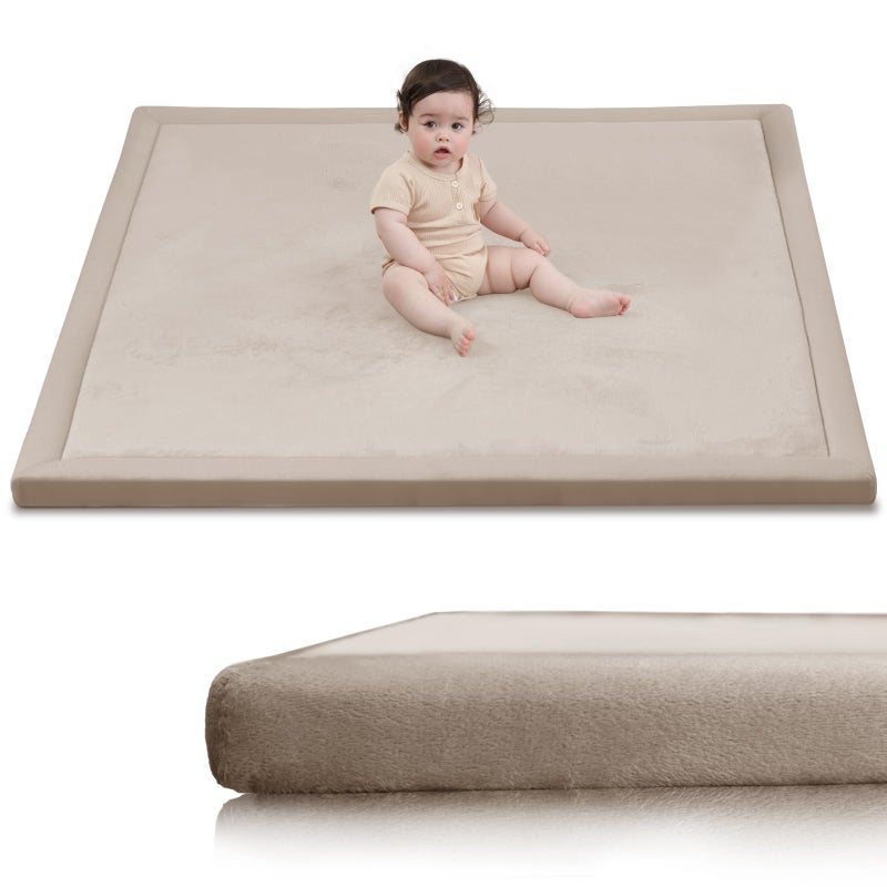 Huloo Sleep Baby Play Mat for Floor, 1.3" Thick Elasti-Foam 50x50 Playpen Mat for Toddlers Infant kids,Water-Repellent Soft Coral Velvet for Tummy Time, Non-Slip Backing for Crawling,Tatami Style(Beige) - Image 1