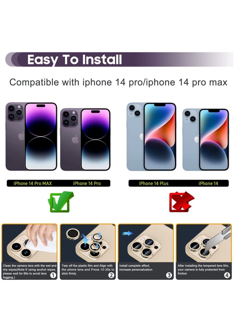 Raxoom iPhone 14 Pro 6.1 inch / 14 Pro Max 6.7 inch Camera Lens Protector, Camera Cover Tempered Glass for iPhone 14 Pro Max/for iPhone 14 Pro [Glitter Diamonds] - Bling -Gold - Image 2