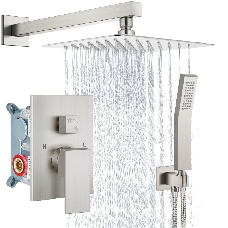 Aolemi Shower Faucet Set Rain Shower System with Handheld Spray Bathroom Shower Combo Rough-in Valve and Shower Trim Kit Included Brushed Nickel 8 Inch Wall Mount Shower Head - Image 1