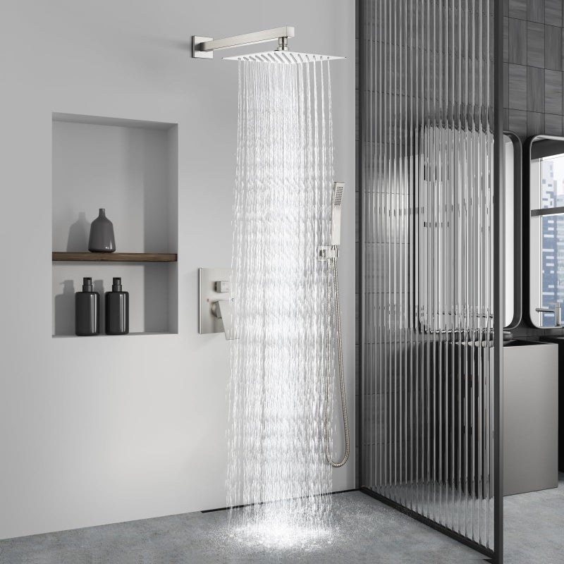 Aolemi Shower Faucet Set Rain Shower System with Handheld Spray Bathroom Shower Combo Rough-in Valve and Shower Trim Kit Included Brushed Nickel 8 Inch Wall Mount Shower Head - Image 2