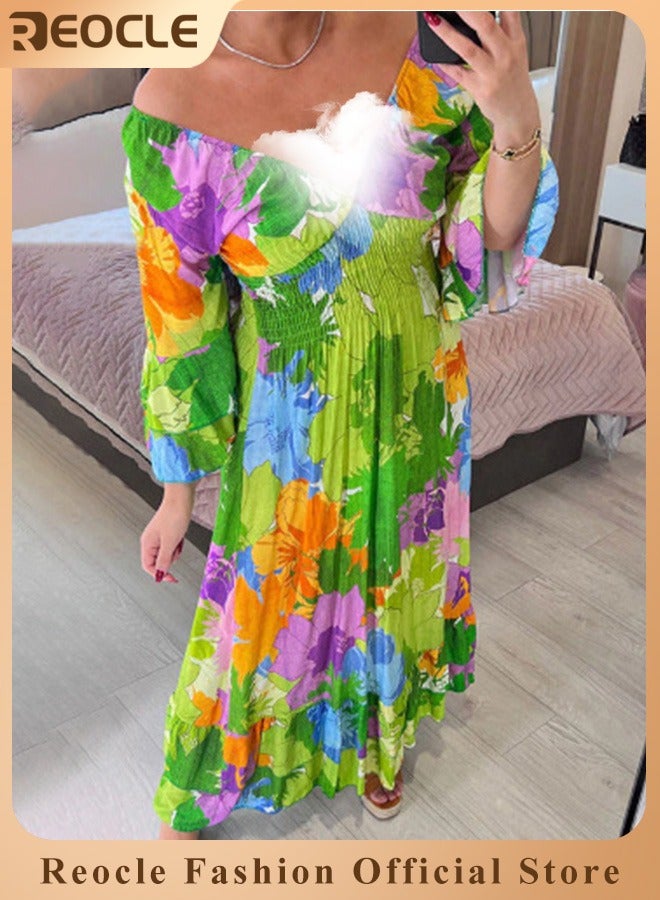 REOCLE Women's Maxi Dress Vintage Floral Long Sleeve V Neck Dress Beach Long Dress Boho Flowy Long Dress - Image 1