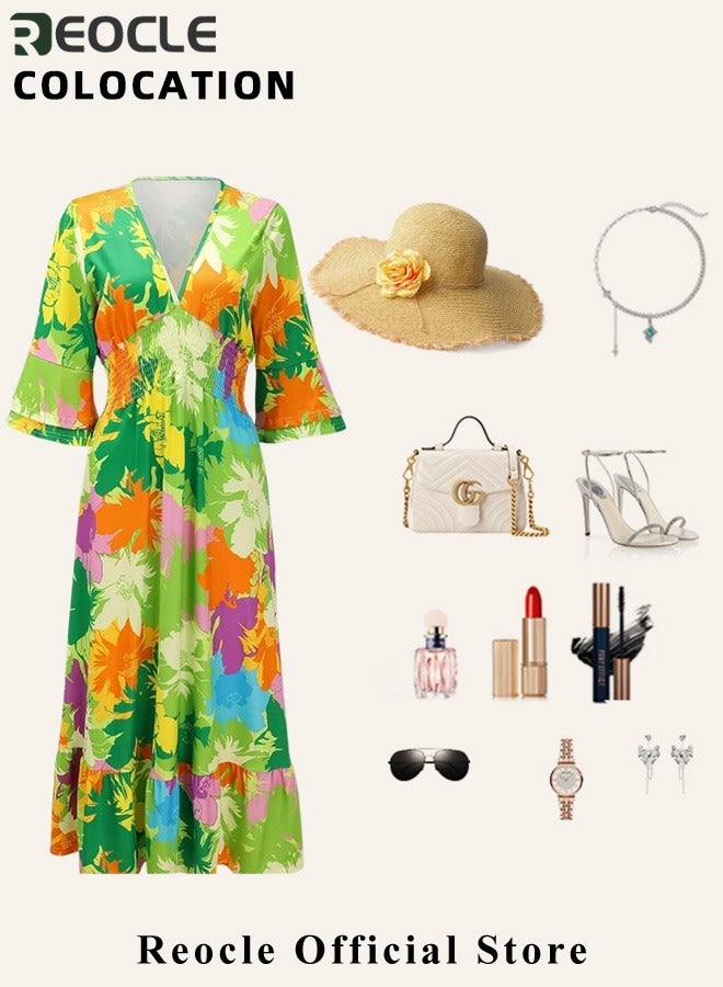 REOCLE Women's Maxi Dress Vintage Floral Long Sleeve V Neck Dress Beach Long Dress Boho Flowy Long Dress - Image 5
