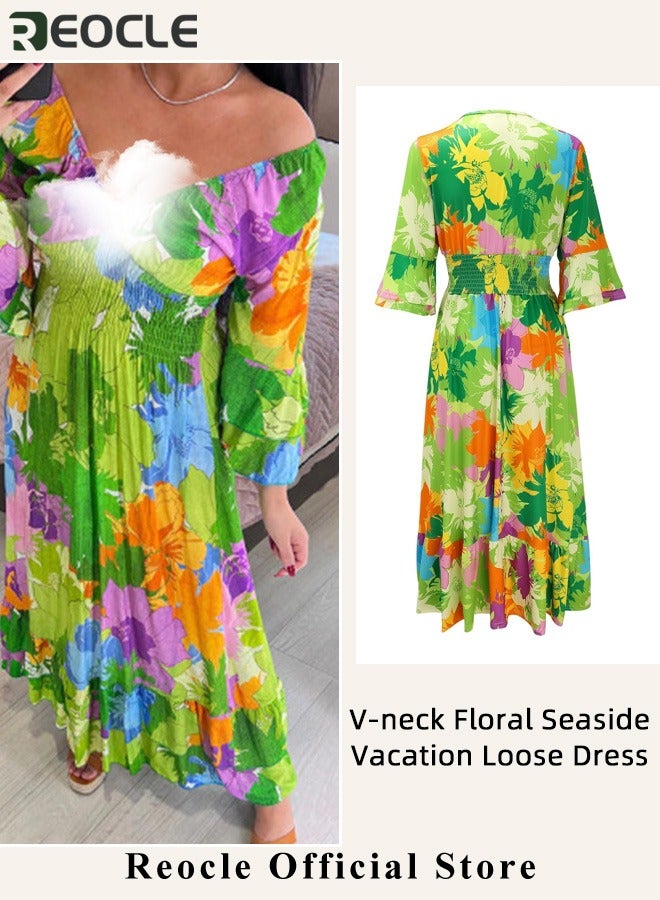 REOCLE Women's Maxi Dress Vintage Floral Long Sleeve V Neck Dress Beach Long Dress Boho Flowy Long Dress - Image 3