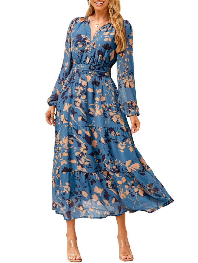 Simplee Women's Floral Boho Long Sleeve Maxi Dress V Neck Empire Waist Swing Flowy Wedding Guest Dress Dusty Blue Floral S - Image 1