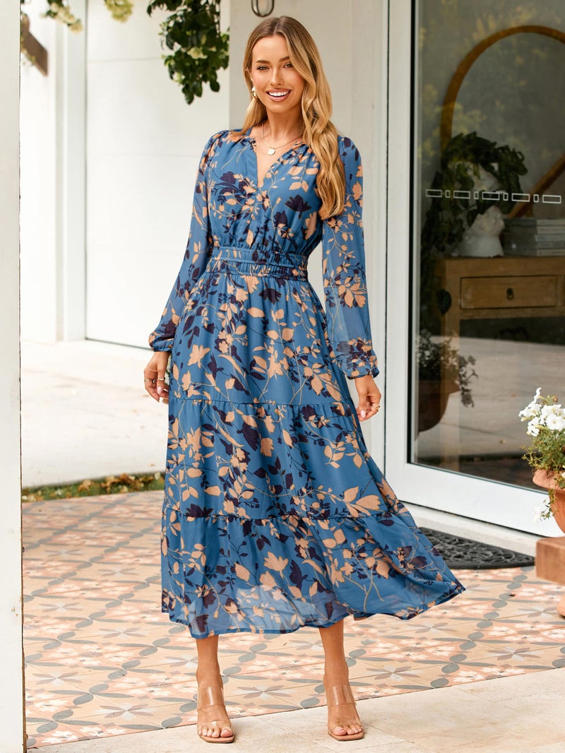 Simplee Women's Floral Boho Long Sleeve Maxi Dress V Neck Empire Waist Swing Flowy Wedding Guest Dress Dusty Blue Floral S - Image 2