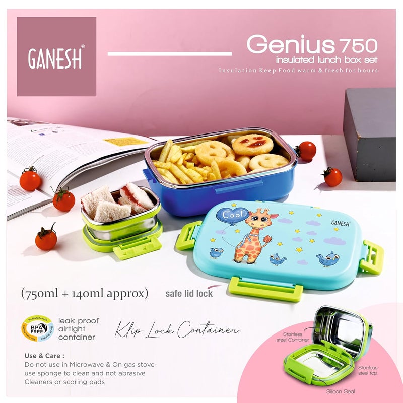 GANESH Genius Insulated Airtight Leak-Proof Lunch Box for Office, School, Picnic - 750 ml - Blue - Image 4