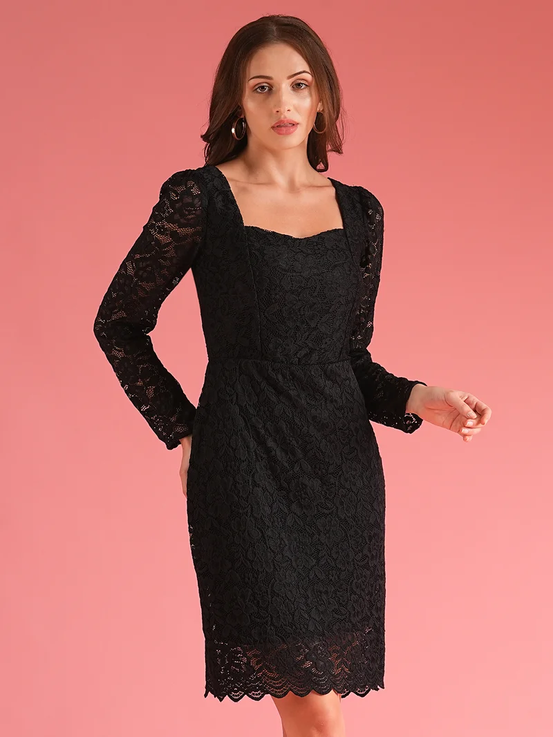 globus Women Stretchable Sweetheart Neck Puff Sleeves Lace Self Design Sheath Party Dress