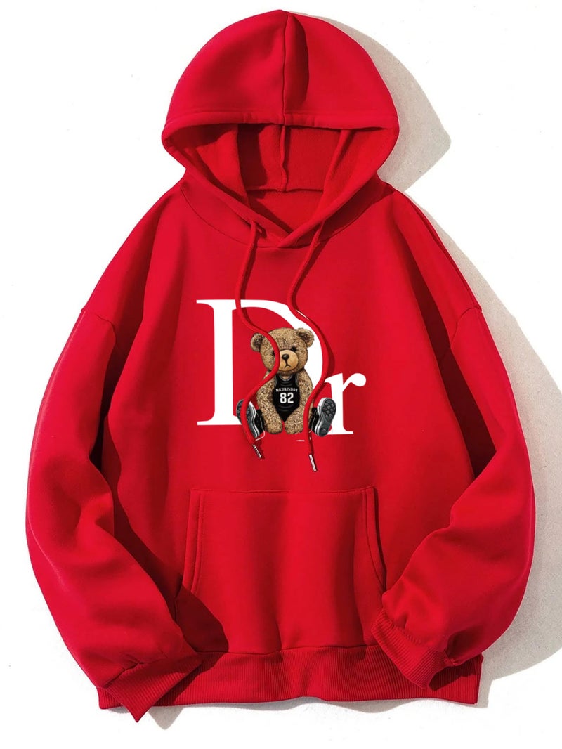 Foreign Trade Womens Velvet Sweatshirt Plain Dr Teddy Bear Print Kangaroo Flap Pocket Pants Drawstring Printed Hoodie Red