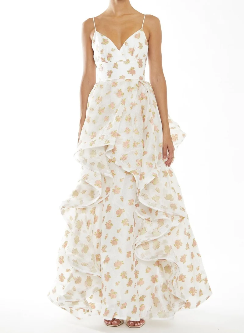 True Decadence Ingrid Peach-Floral Organza Layered Ruffle Strappy Maxi-Dress