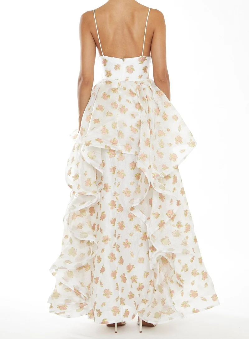 True Decadence Ingrid Peach-Floral Organza Layered Ruffle Strappy Maxi-Dress