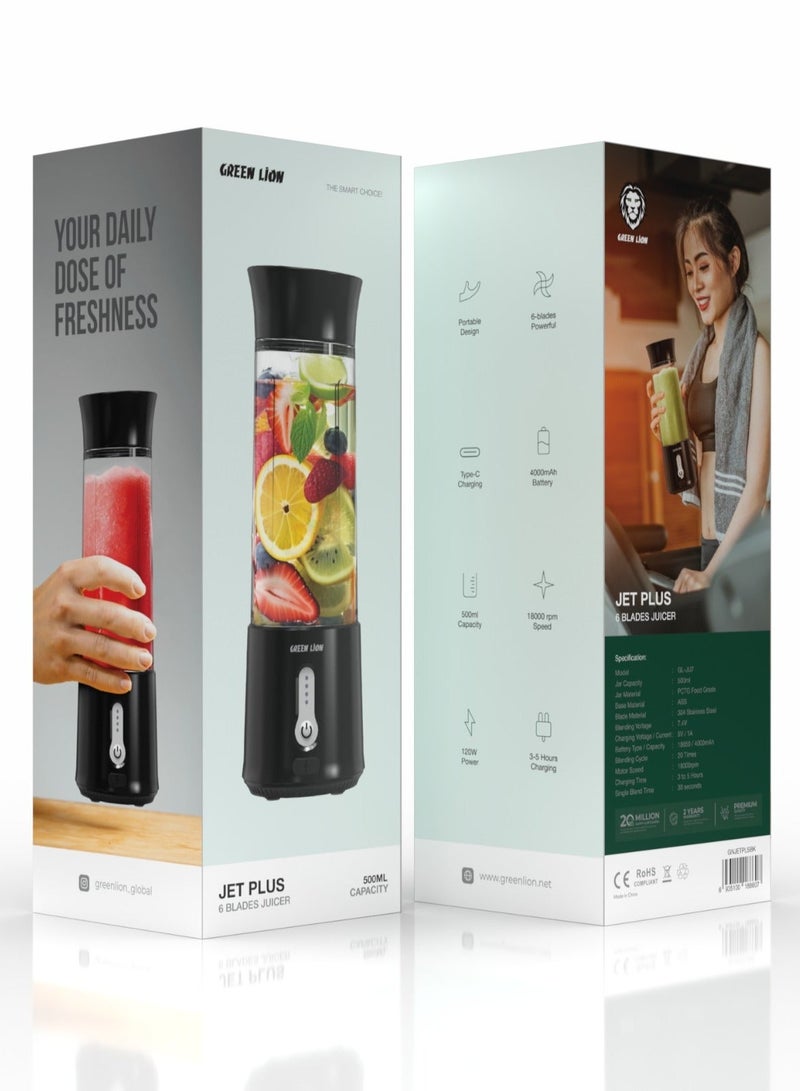 GREEN LION JET PLUS 6 Bladed Juicer 120W / 18000rpm Powerful Motor / High Speed / 500ml Jar Capacity / 304 Stainless Steel Blade / 2000mAh Battery / 20 Times Blending Cycle / 30 seconds Single Blend Time / juice Maker / Mixer/ Camping Blender / Gym / Home / Outdoor / Office / Baby Food Maker - Black - Image 3