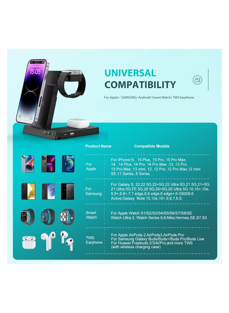 SYOSI 6-in-1 Wireless Charging Station, Fast Charger Multi-Device Stand Universal Charging Dock Station for Samsung,iPhone 15 14 13 12 11 X XR XS Pro Max, for Apple Watch and Earphones AirPods 3 2 Pro - Image 2