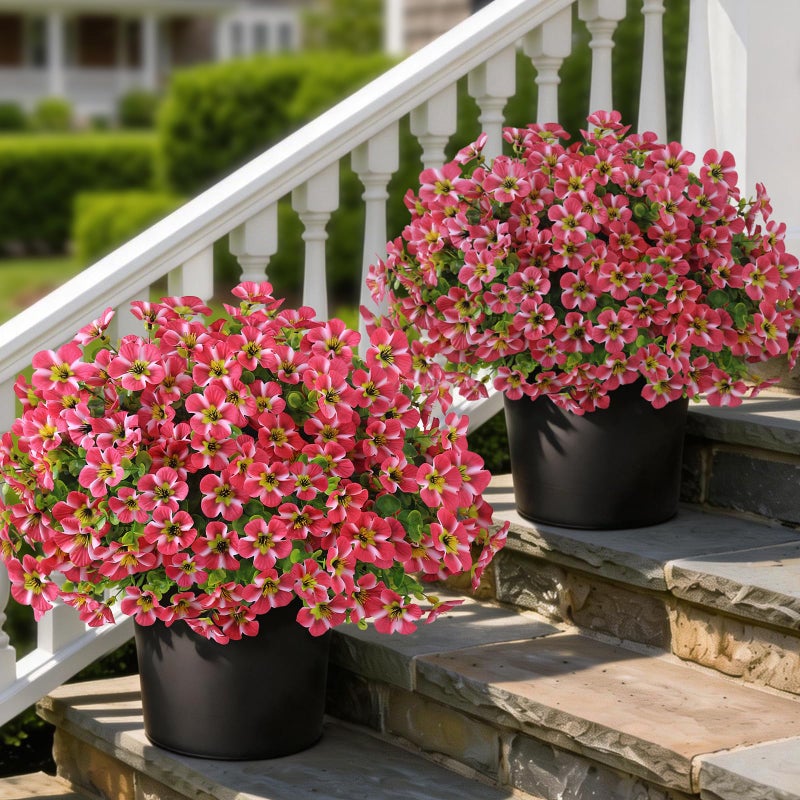 VIERENA 2 Set of Artificial Morning Glory & Eucalyptus Topiary Trees - Faux Silk Flower Potted Plants, UV-Resistant Fake Outdoor Morning Glory Bushes for Front Door, Yard, Farmhouse, Garden Decor (Rose Red) - Image 1