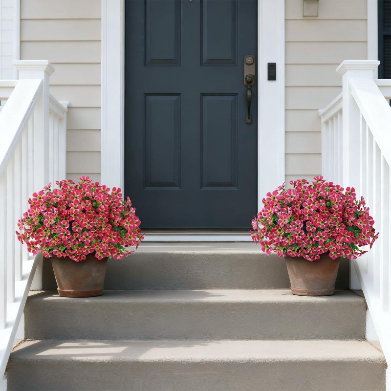 VIERENA 2 Set of Artificial Morning Glory & Eucalyptus Topiary Trees - Faux Silk Flower Potted Plants, UV-Resistant Fake Outdoor Morning Glory Bushes for Front Door, Yard, Farmhouse, Garden Decor (Rose Red) - Image 2