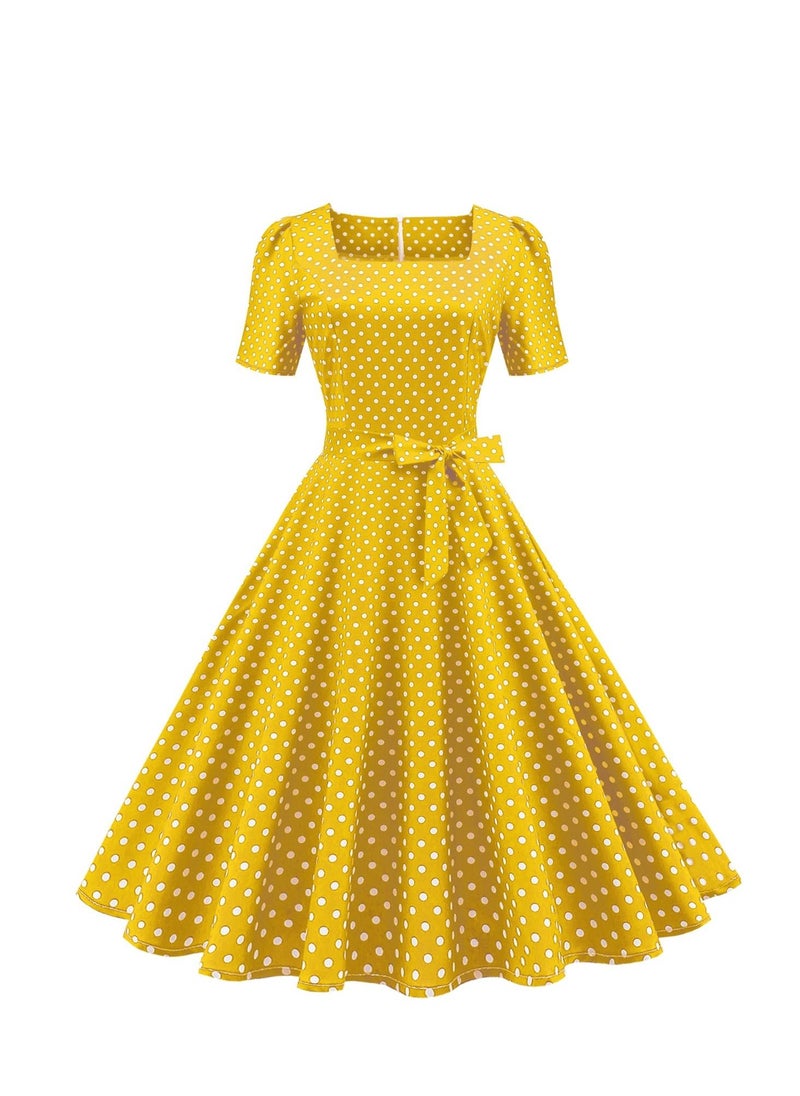 Loquat Wave Dot Print Waist Wrap Dress Yellow  - Image 1