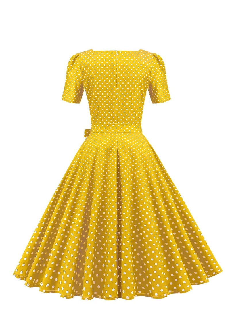 Loquat Wave Dot Print Waist Wrap Dress Yellow  - Image 2
