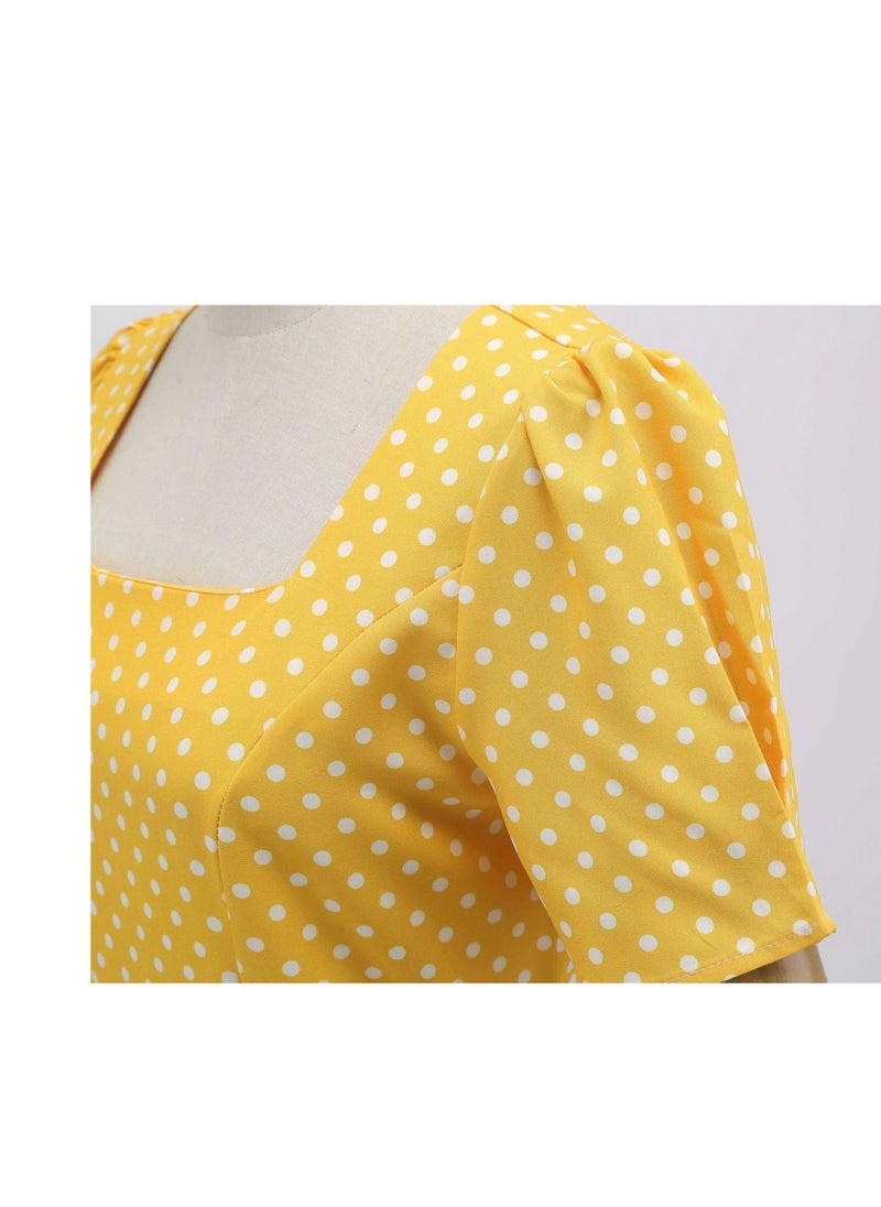 Loquat Wave Dot Print Waist Wrap Dress Yellow  - Image 3