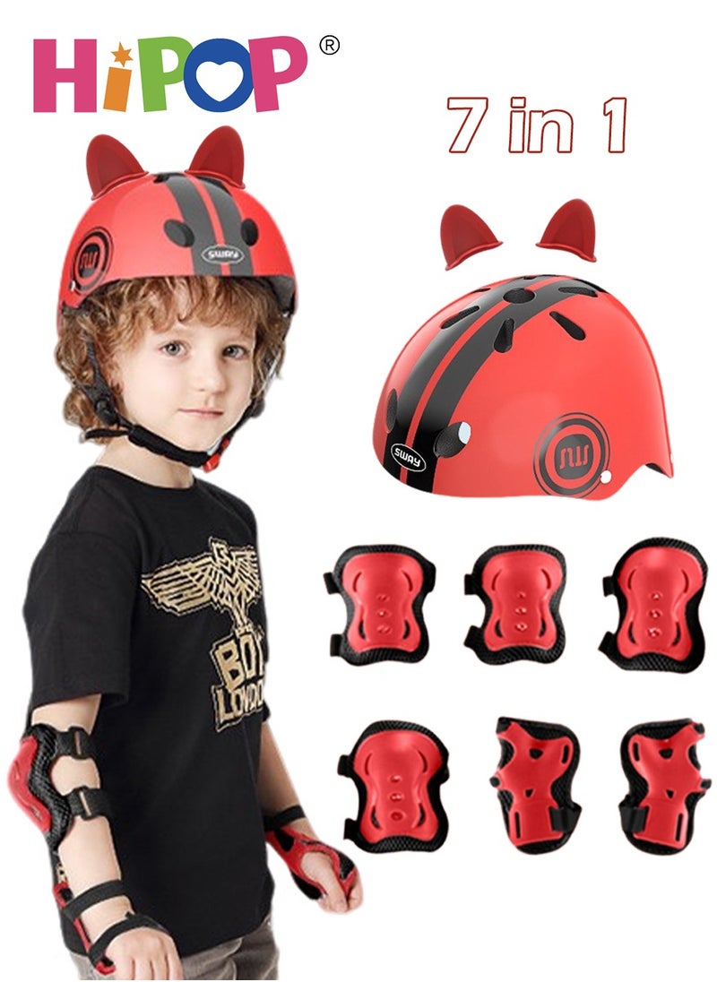 HIPOP 7 in 1 Kids Helmet of Scooter,Skateboard and Bike,Children Riding Protective Gear with Adjustable Function,Send Cat Ear Decoration,Children's Bicycle Protection Equipment 6-14 Age  - Image 1