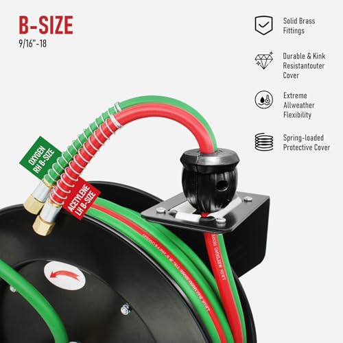 RX WELD Torch Hose Reel Auto-Rewind Retractable, with 1/4-Inch x 50 Feet with 9/16"-18 B Fittings Oxy Acetylene Hose - Image 3