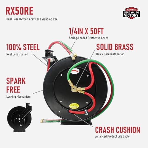 RX WELD Torch Hose Reel Auto-Rewind Retractable, with 1/4-Inch x 50 Feet with 9/16"-18 B Fittings Oxy Acetylene Hose - Image 2