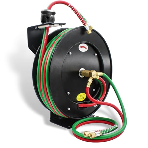 RX WELD Torch Hose Reel Auto-Rewind Retractable, with 1/4-Inch x 50 Feet with 9/16"-18 B Fittings Oxy Acetylene Hose - Image 1