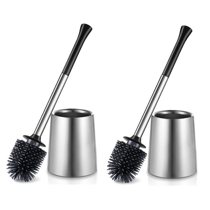 TOILET BOWL BRUSH HOLDER SET 2PACK SILICONE STAINLESS STEEL DEEP CLEANING TOILET CLEANER BRUSH FOR BATHROOM RESTROOM COMPACT MODERN RV TOILET SCRUBBER ACCESSORIES WITH CADDY