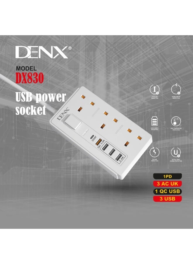 دينكس توصيلة كهربائية 3 متر بقوة 3250 واط ومنفذ PD سريع , مزودة بنظام امان عالي الجودة من دينكس لون ابيض DX830 - Image 5