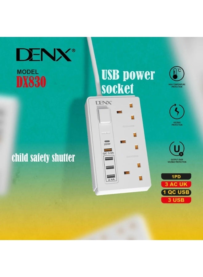 دينكس توصيلة كهربائية 3 متر بقوة 3250 واط ومنفذ PD سريع , مزودة بنظام امان عالي الجودة من دينكس لون ابيض DX830 - Image 3