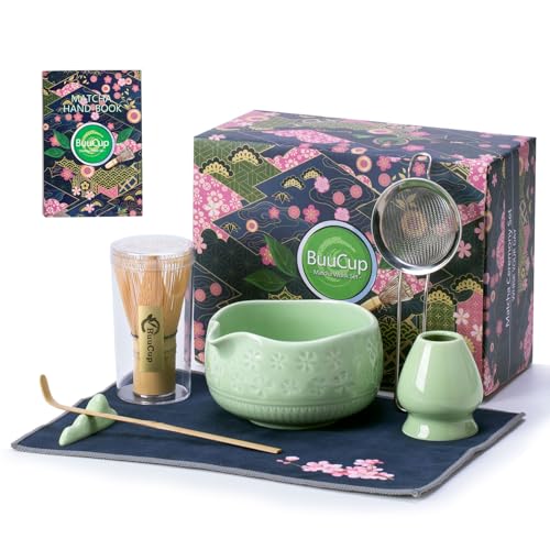 Buucup Matcha Whisk Set, Ceramic Matcha Kit Set Includes Matcha Bowl, Matcha Whisk and Holder, Bamboo Scoop, Scoop Rest, Sifter and Tea Towel - 7 Pcs Matcha Kit for Matcha Lovers (Green) - Image 1