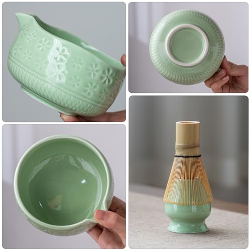 Buucup Matcha Whisk Set, Ceramic Matcha Kit Set Includes Matcha Bowl, Matcha Whisk and Holder, Bamboo Scoop, Scoop Rest, Sifter and Tea Towel - 7 Pcs Matcha Kit for Matcha Lovers (Green) - Image 3