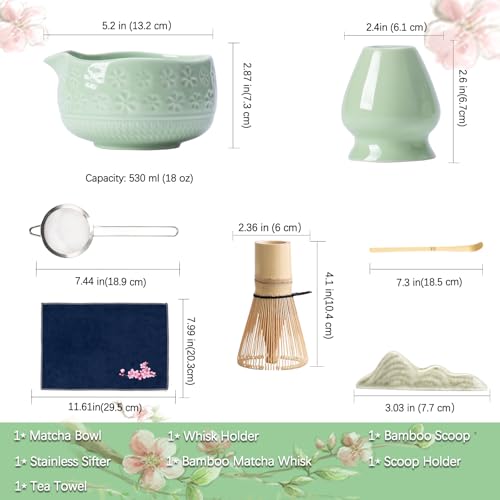 Buucup Matcha Whisk Set, Ceramic Matcha Kit Set Includes Matcha Bowl, Matcha Whisk and Holder, Bamboo Scoop, Scoop Rest, Sifter and Tea Towel - 7 Pcs Matcha Kit for Matcha Lovers (Green) - Image 5