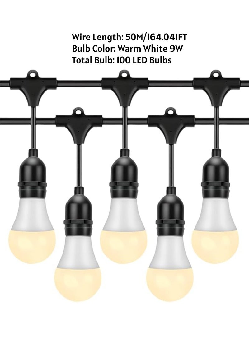 يوويل في الهواء الطلق مقاوم للماء IP65 سلسلة أضواء LED E27 حامل سلك حامل لمبة 50 مترًا مع 100 مصباح LED 9 وات أبيض دافئ مع قابس الاتحاد الأوروبي حامل المصباح الشمسي لأضواء الديكور الرمضانية والديكور الخارجي ضوء سلسلة سلكية معلقة ضوء رمضان للفناء التجاري والحديقة وساحة الشرفة  - Image 2