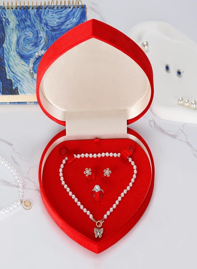 LETURE Large Jewelry Set Gift Box, Heart-Shaped Velvet Necklace Ring Earring Pearl Storage Organizer Holder Box (RED) - Image 5