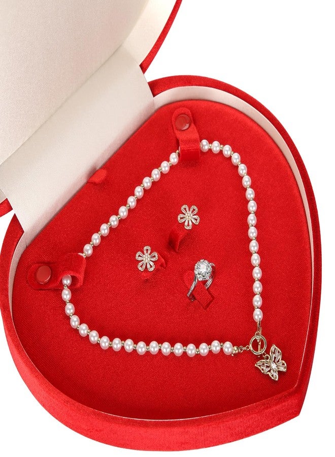 LETURE Large Jewelry Set Gift Box, Heart-Shaped Velvet Necklace Ring Earring Pearl Storage Organizer Holder Box (RED) - Image 3